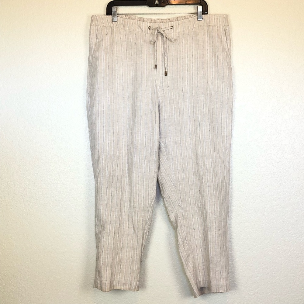 Chico’s Tan Striped Linen Pants Elastic Waist size 3R